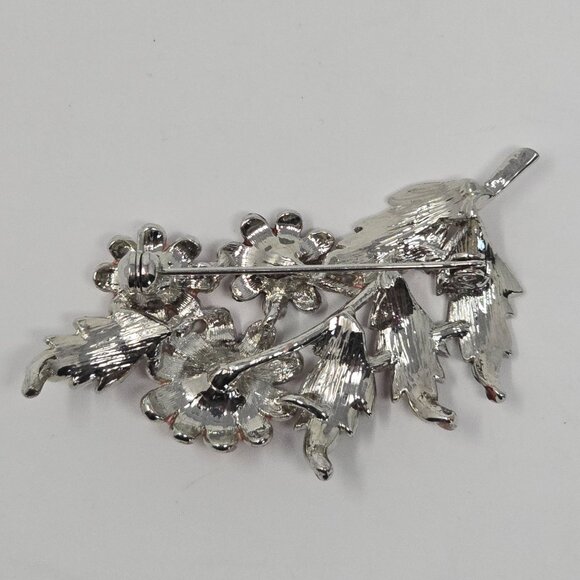 Vintage Floral Brooch Pink Burgundy Enamel AB Rhinestones Silver Tone Pin - Picture 7 of 10